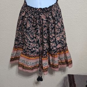beachlunchlounge Black Floral Tiered Skirt with Mustard Trim